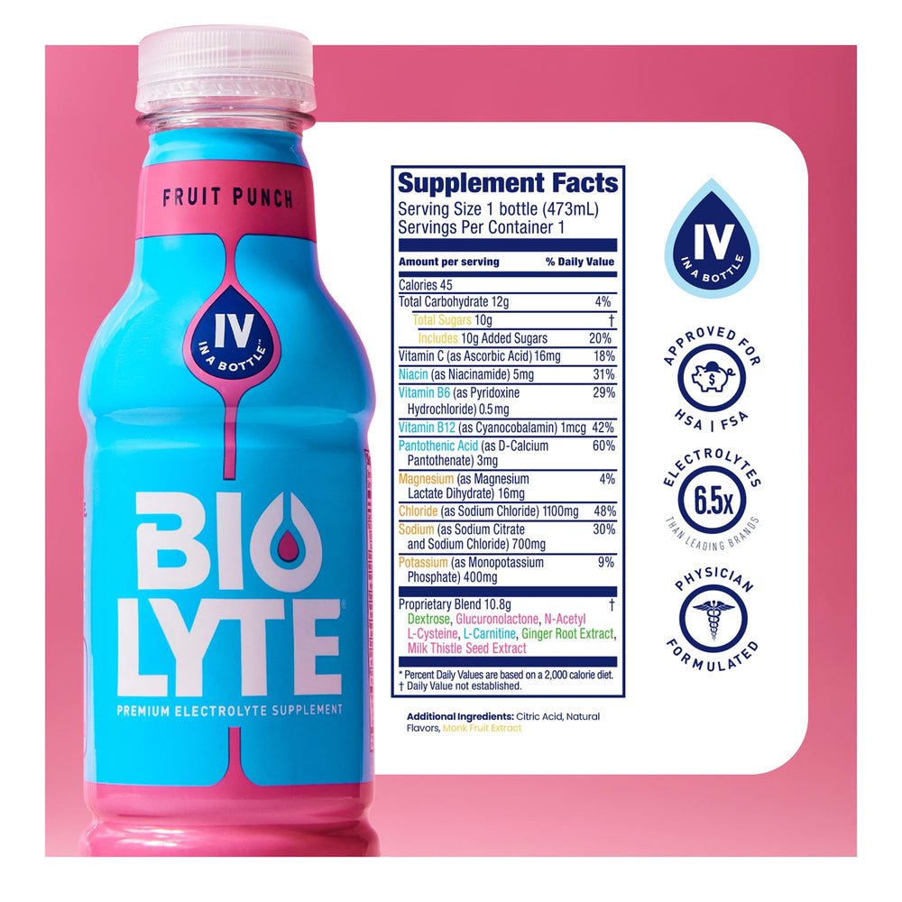 Biolyte Fruit Punch bottle side view showing portable 16 oz size.