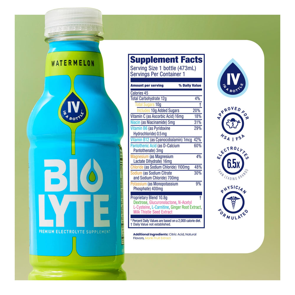Biolyte Watermelon 12-pack packaging displayed for travel-friendly hydration.