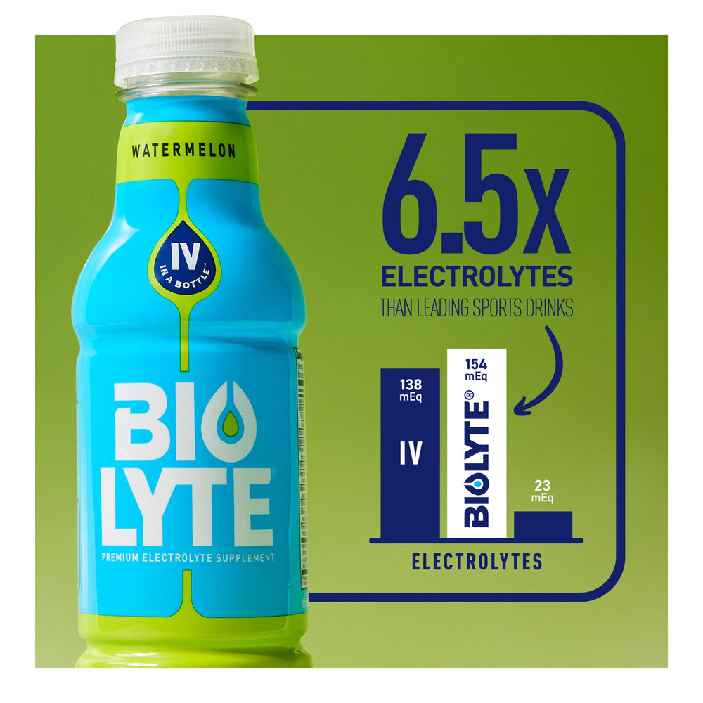 Close-up of Biolyte Watermelon liquid highlighting refreshing hydration.
