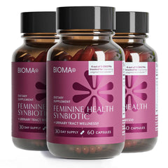 BIOMA Feminine Health Synbiotic bottle closeup showing probiotic blend for vaginal pH support