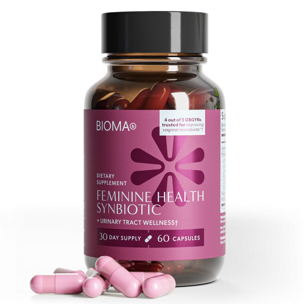 BIOMA Feminine Health Synbiotic bottle shown for daily vaginal pH and urinary support.