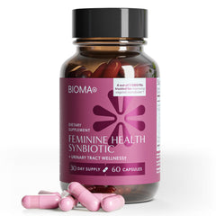 BIOMA Feminine Health Synbiotic bottle shown for daily vaginal pH and urinary support.