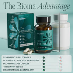 BIOMA label close-up shows science-backed gut health formula