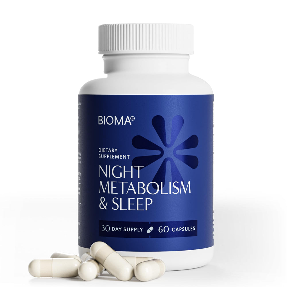 BIOMA Night Metabolism & Sleep bottle view highlighting nightly digestion support