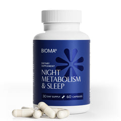 BIOMA Night Metabolism & Sleep bottle view highlighting nightly digestion support