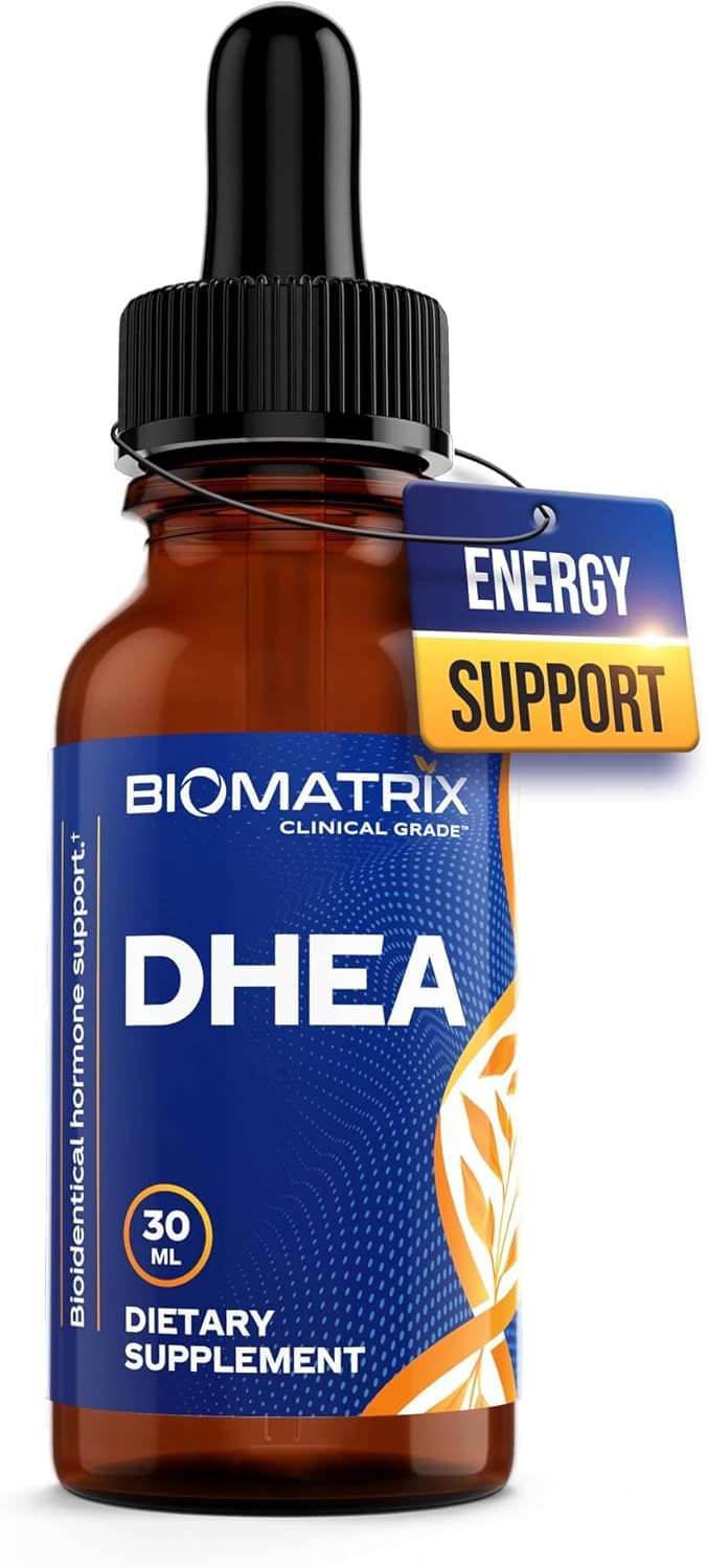 BioMatrix DHEA liquid drops pour shows precise dosing for daily flexibility.