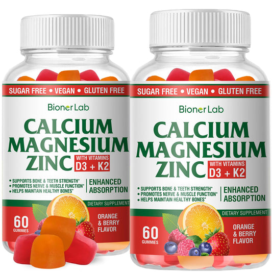 BionerLab gummies bottle showing calcium, magnesium, and zinc for daily support.