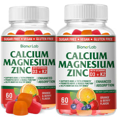 BionerLab gummies bottle showing calcium, magnesium, and zinc for daily support.