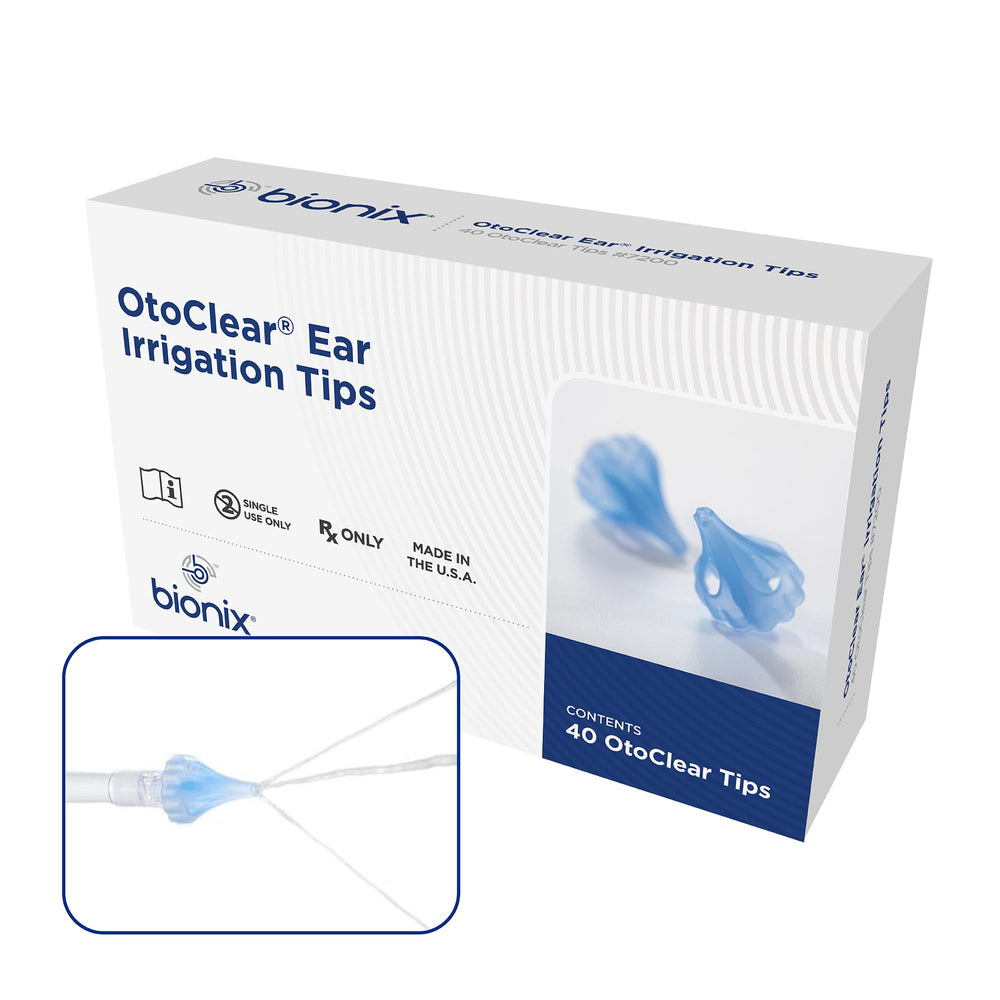 Bionix OtoClear tip with three divergent streams for controlled ear irrigation.