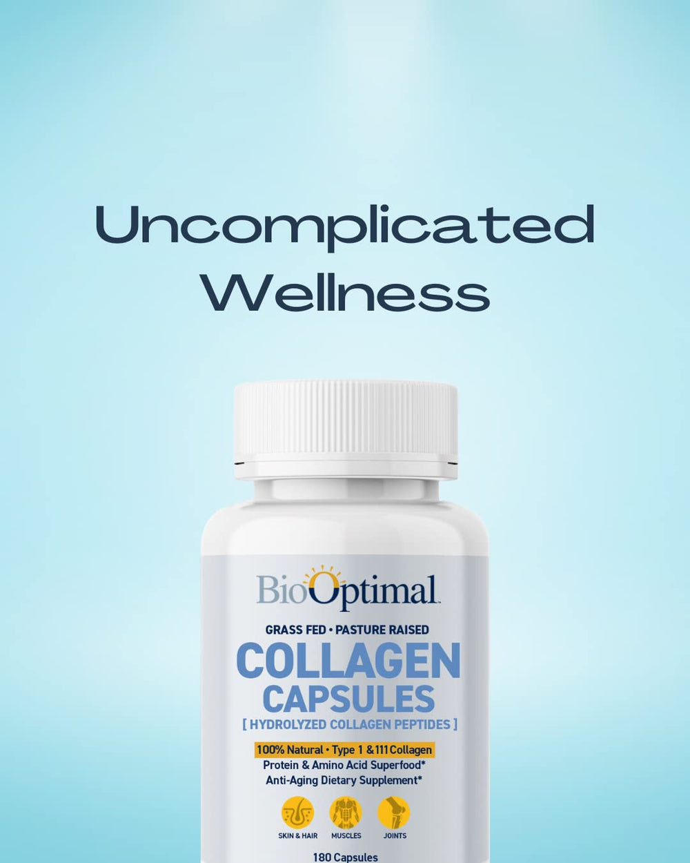 BioOptimal Collagen Capsules packaging front showing grass-fed attributes.
