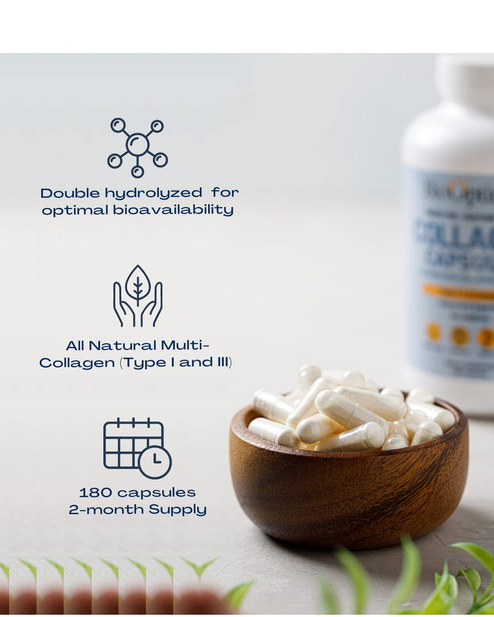 BioOptimal Collagen Capsules unflavored label, easy to mix with drinks.