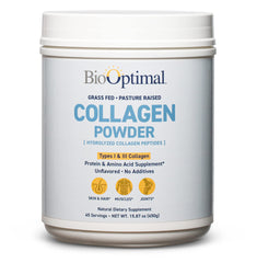 BioOptimal Collagen Peptides powder tub highlighting grass-fed, non-GMO formula.