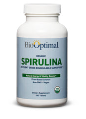 BioOptimal spirulina tablets bottle front, organic daily energy support potential.