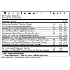 Biopharma Scientific NanoMinerals ingredients panel shows a broad spectrum of minerals.