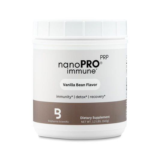 Biopharma Scientific Nanopro Immune bottle on kitchen counter for daily protein support