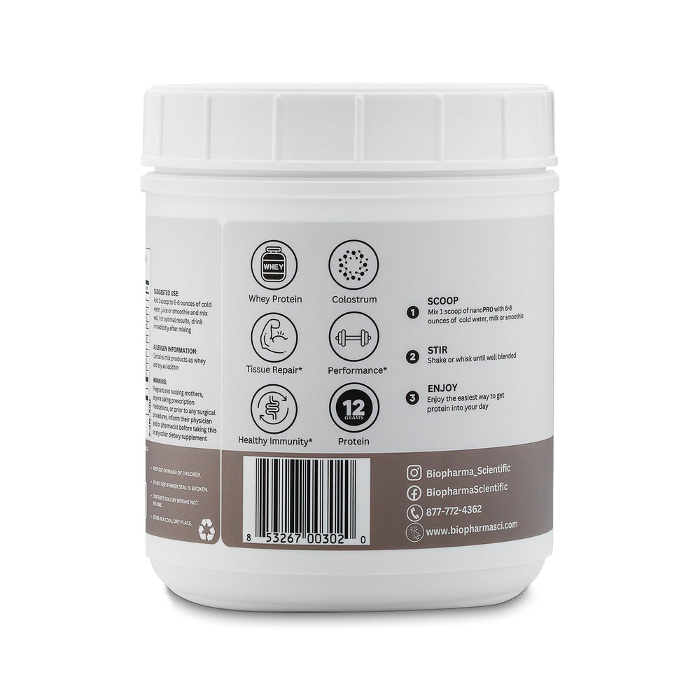 Close up of Nanopro Immune ingredients including colostrum and peptides