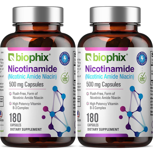 Biophix B-3 Nicotinamide bottle front view showing 500 mg capsules for daily use