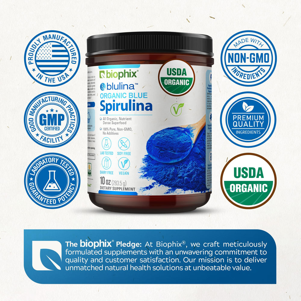 Biophix Blue Spirulina powder in a bowl ready to mix into recipes