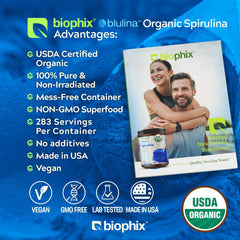 Biophix Blue Spirulina powder jar closeup showing natural blue pigment and organic status