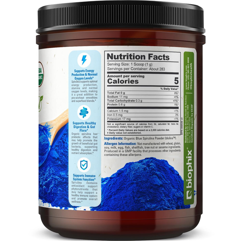 Biophix Blue Spirulina powder nutrition label closeup for ingredient transparency