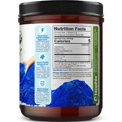 Biophix Blue Spirulina powder nutrition label closeup for ingredient transparency