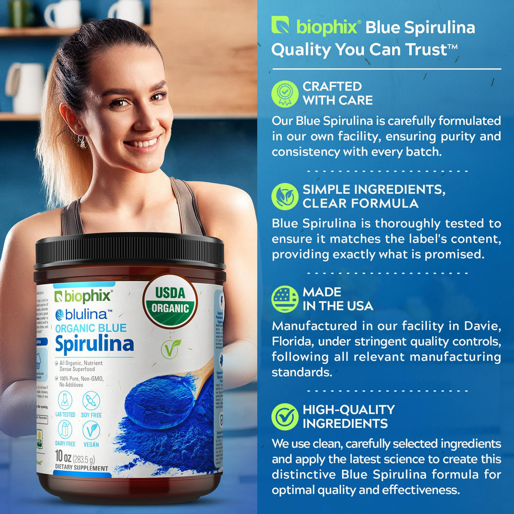 Biophix Blue Spirulina powder organic label closeup emphasizing clean ingredients