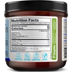 Biophix blue spirulina powder emphasizes phytonutrients and vegan-friendly use.