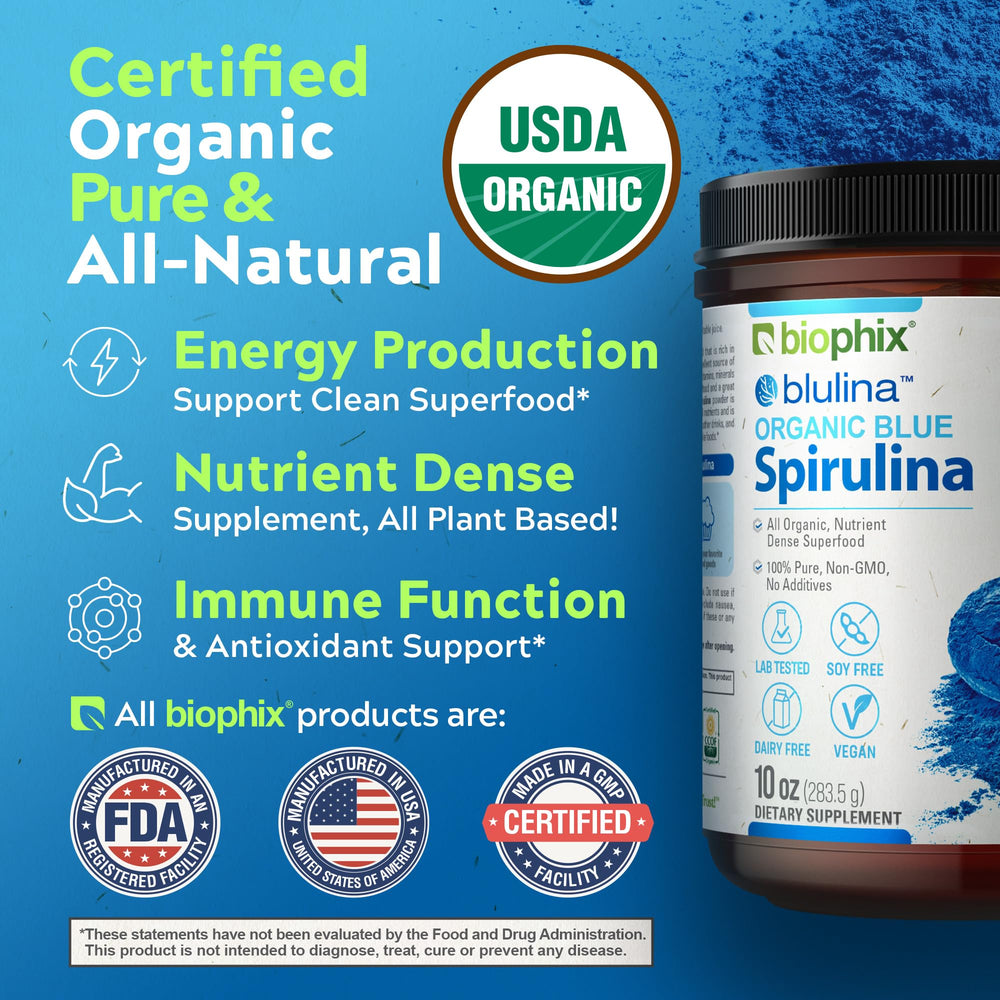 Biophix Blue Spirulina powder scoop ready for easy dosing