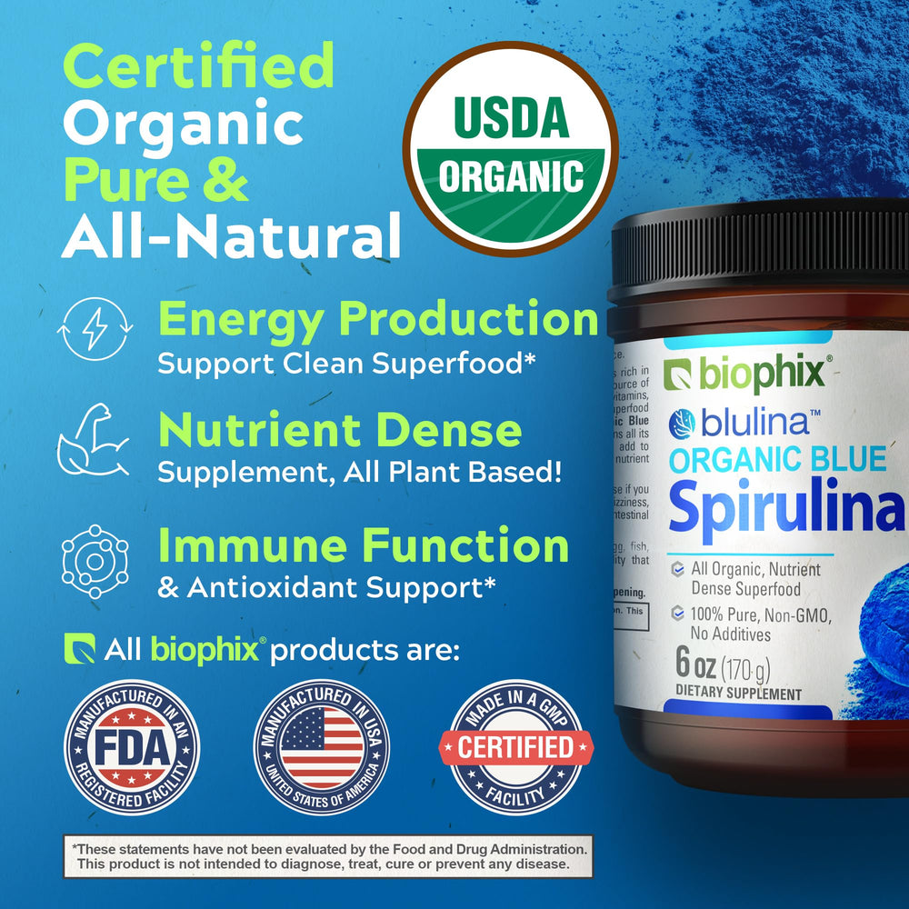 Biophix blue spirulina powder in a shaker bottle for quick shakes.