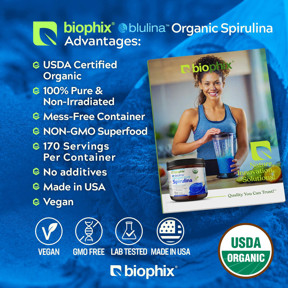 Biophix blue spirulina powder smoothie glass highlights the vivid blue pigment.