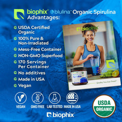 Biophix blue spirulina powder smoothie glass highlights the vivid blue pigment.