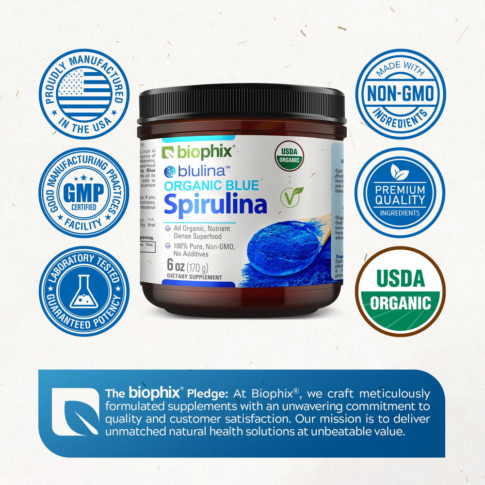 Biophix blue spirulina powder produced in a USA facility.