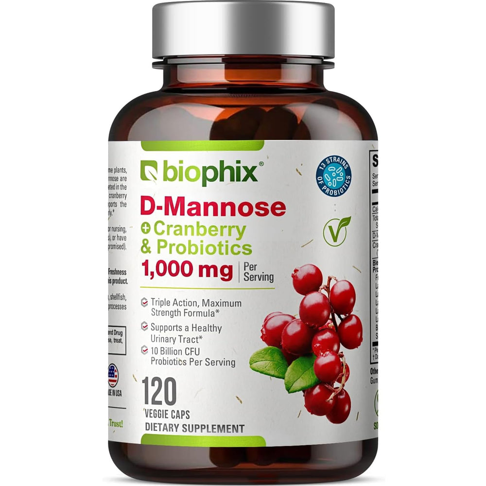 Biophix D-Mannose 1000mg capsules bottle for convenient urinary health support.