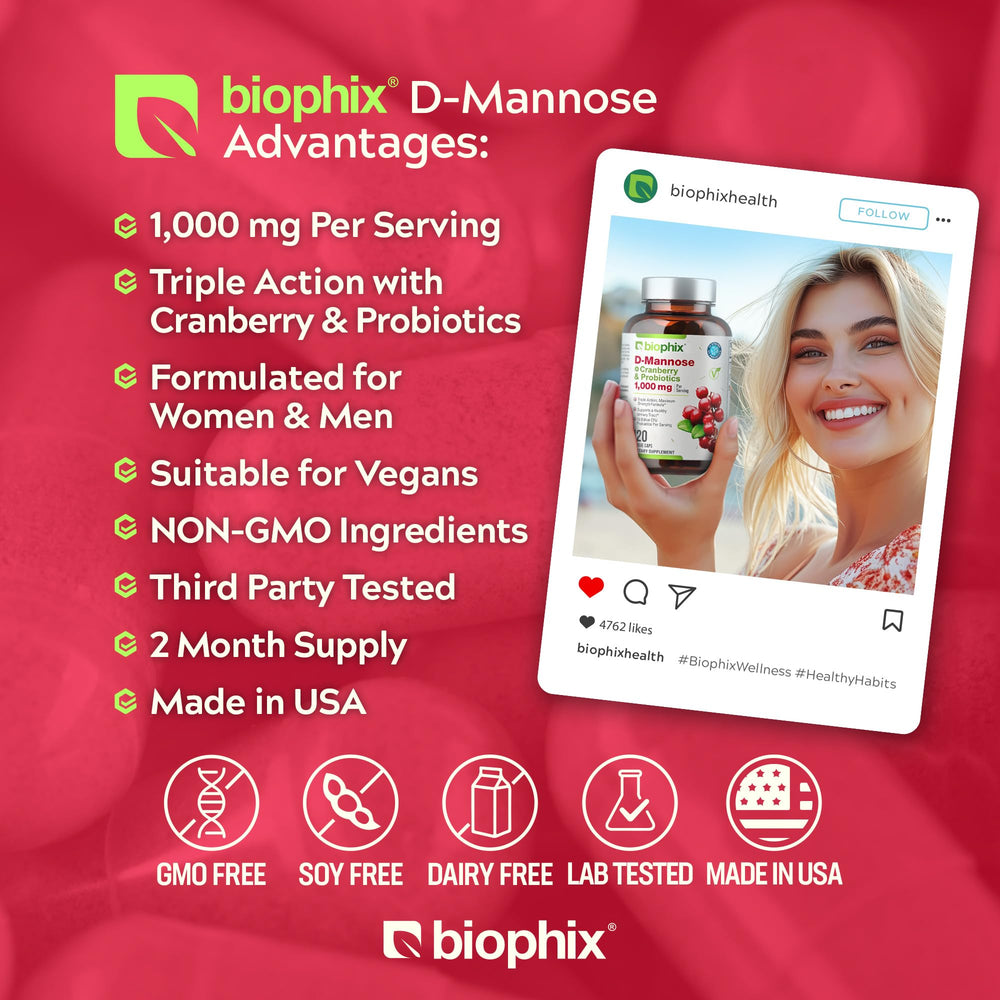 Biophix D-Mannose 1000mg capsules probiotics ten-billion CFU support digestion.
