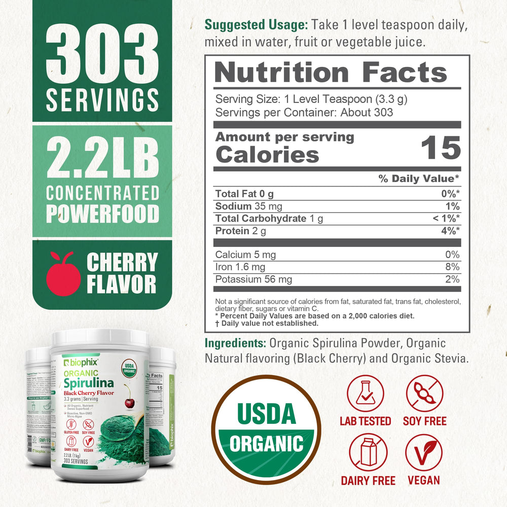 Biophix Organic Cherry Spirulina Jar Label highlights organic quality for clean nutrition