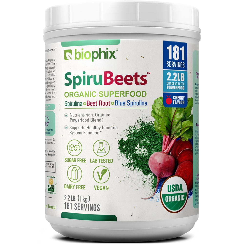Biophix SpiruBeets bottle pour for easy daily nutrition with cherry flavor.