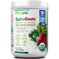 Biophix SpiruBeets bottle pour for easy daily nutrition with cherry flavor.