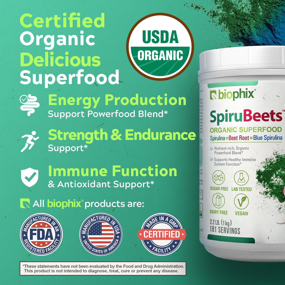 Biophix SpiruBeets cherry flavor glass suggests tasty daily greens.