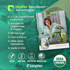 Biophix SpiruBeets label closeup showing organic ingredients and clean sourcing.