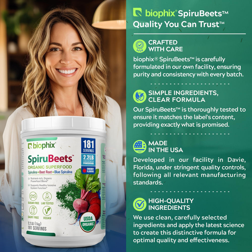Biophix SpiruBeets spoon measure conveys portion control and convenience.