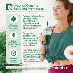 Biophix Spirulina Powder dispensing from jar for an easy daily superfood boost.