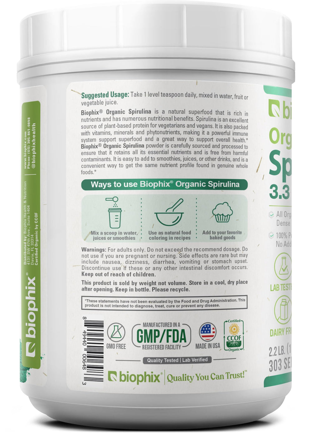 Biophix Spirulina Powder bag and jar on kitchen counter for pantry-ready protein.