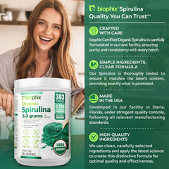 Biophix Spirulina Powder organic certifications visible, ensuring trusted purity.