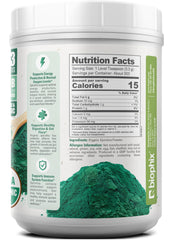 Biophix Spirulina Powder in cup with spoon showing serving size.