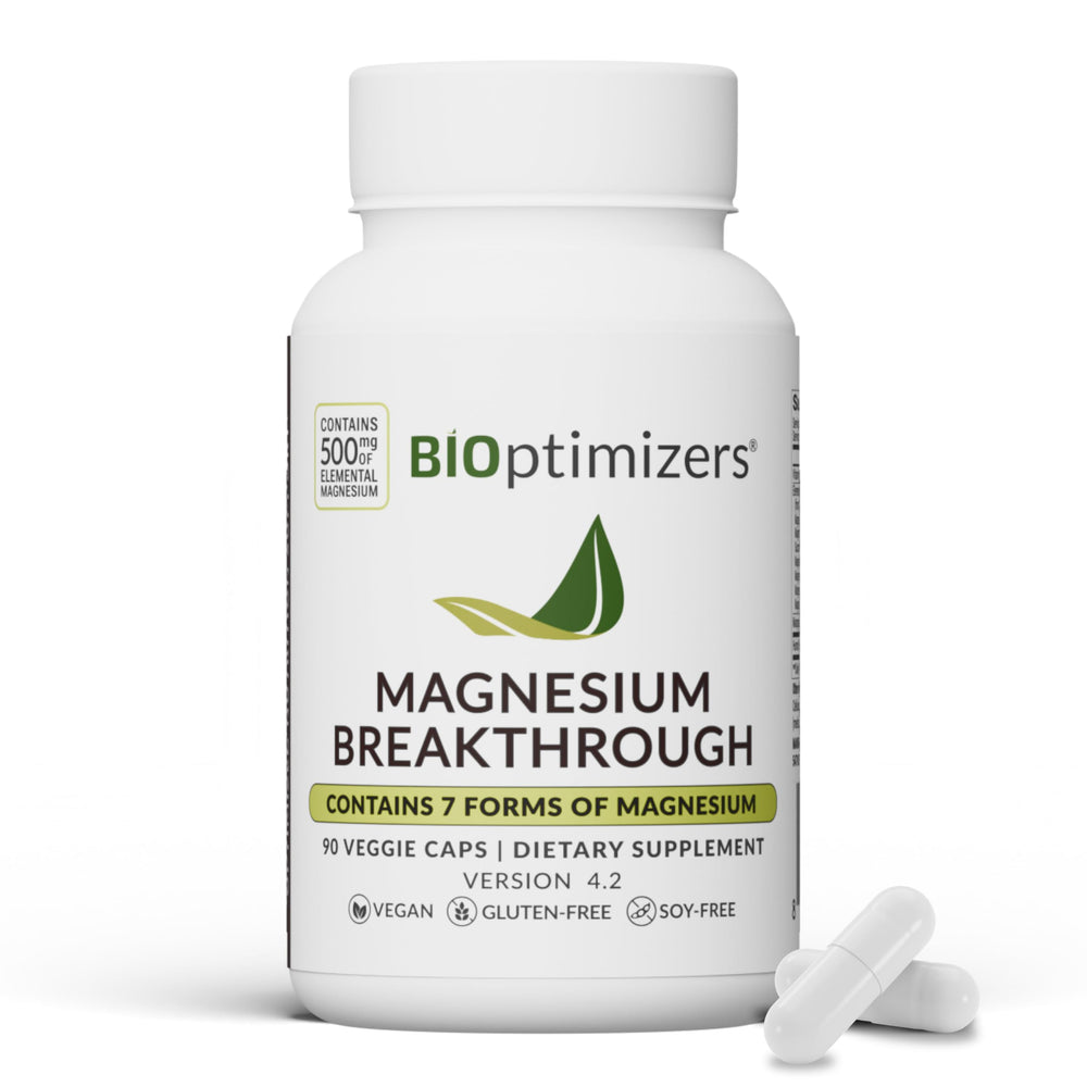 BIOptimizers Magnesium Breakthrough bottle pour showing easy daily dosing for restful sleep.