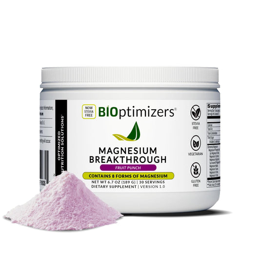 BIOptimizers Magnesium Breakthrough Drink bottle closeup showing eight forms for full-body support.