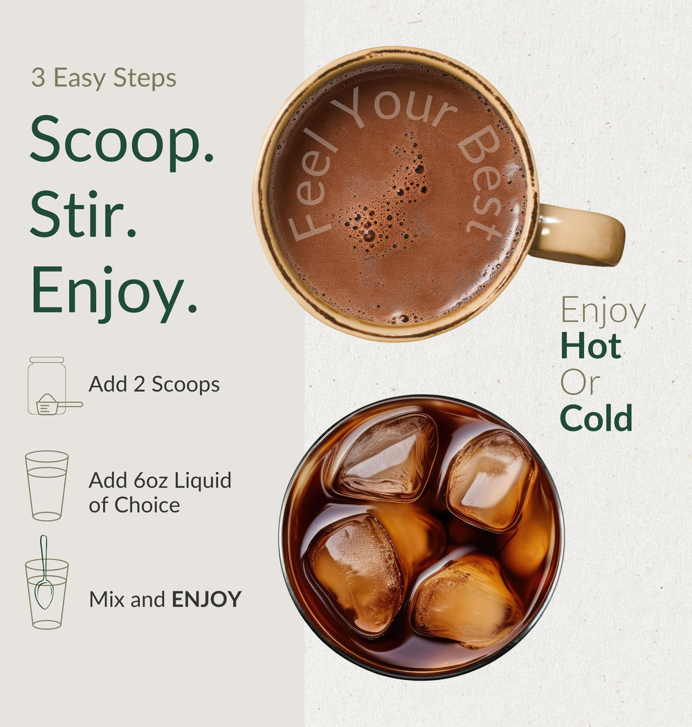 BIOptimizers Mushroom Coffee Alternative MCT oil pour illustrates quick, clean energy and digestion aid