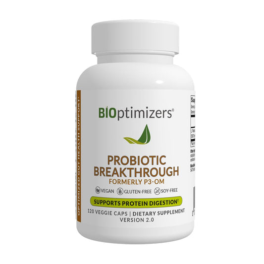BIOptimizers Probiotic Breakthrough bottle with Lactobacillus Plantarum OM for gut balance.
