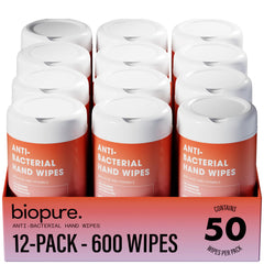 BIOPURE 50-count antibacterial hand wipes canister ready for on-the-go sanitizing.