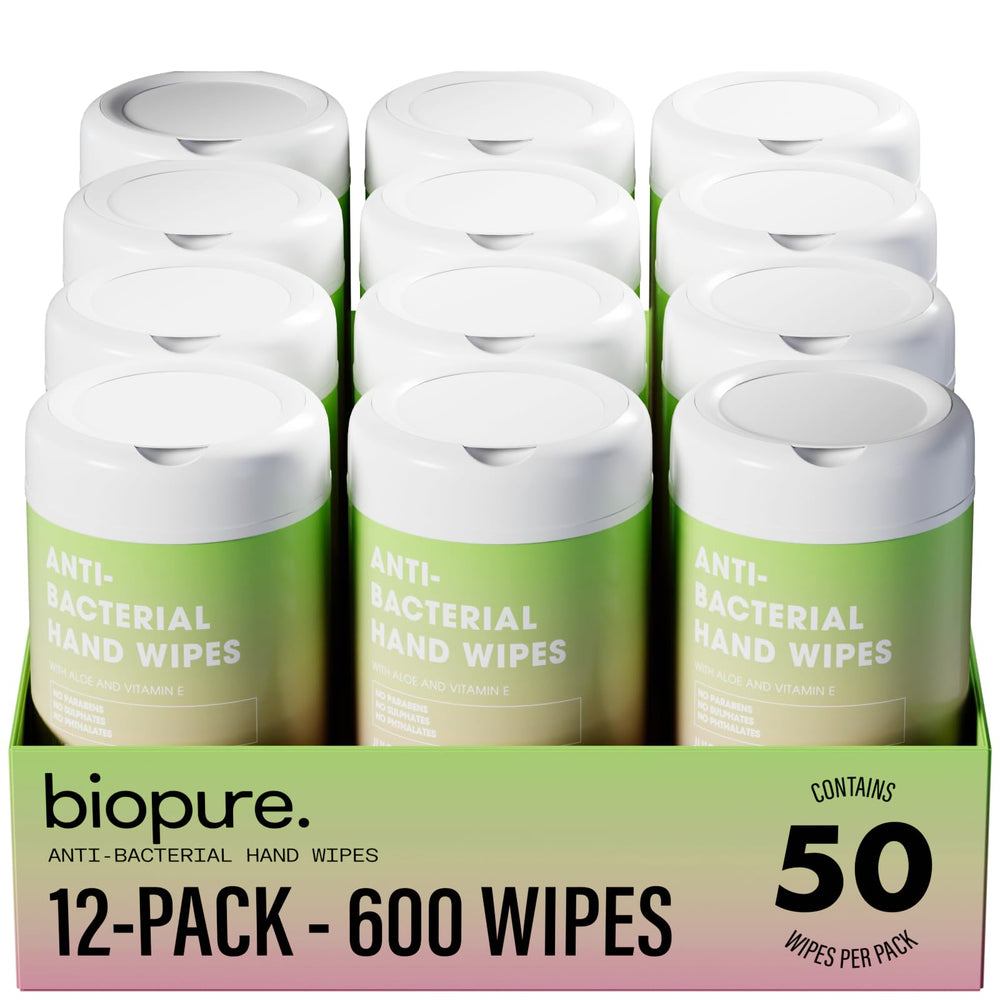 BIOPURE antibacterial wipes in watermelon canister kill 99% of germs on contact.